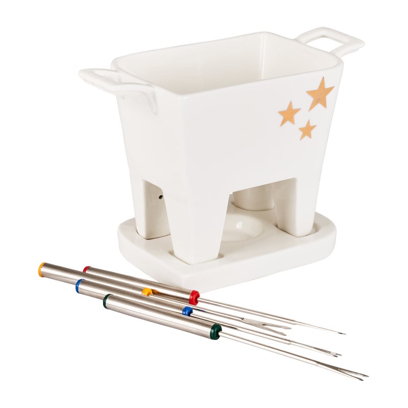 Fondue set met 4 vorkjes - wit/goud - 20x10,5x13,5 cm