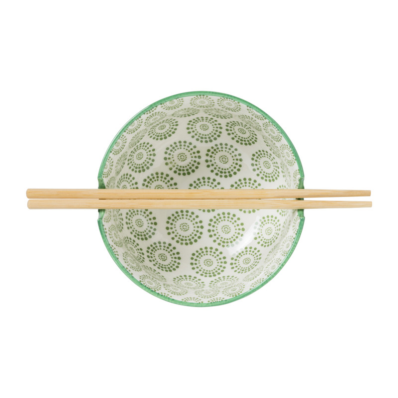 Schaaltje met eetstokjes - groen/wit - ø14.7x9 cm