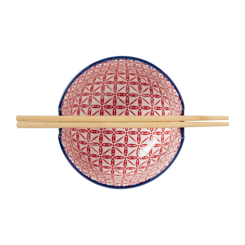 Schaaltje met eetstokjes - blauw/rood - ø14.7x9 cm