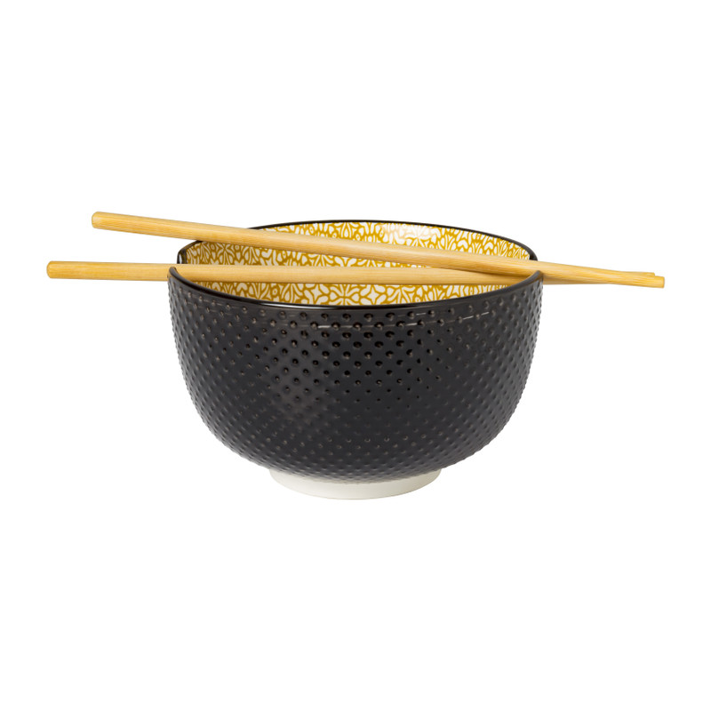Xenos Schaaltje met eetstokjes - geel/zwart - ø14.7x9 cm