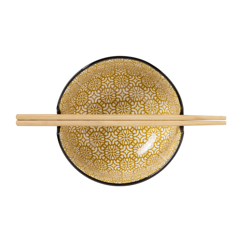 Schaaltje met eetstokjes - geel/zwart - ø14.7x9 cm