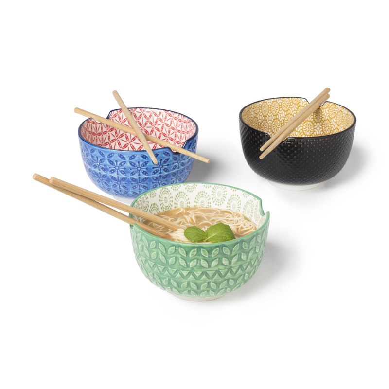 Schaaltje met eetstokjes - geel/zwart - ø14.7x9 cm