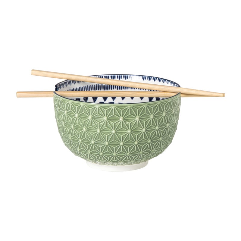 Schaaltje met eetstokjes Axel - groen/blauw - ø15x9 cm