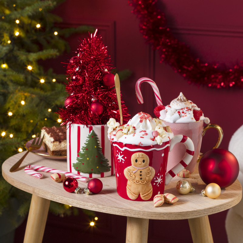 Mok kerstboom streep - wit/groen/rood 