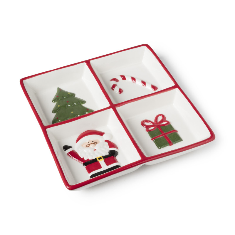 Schaaltje 4 vaks kerst - wit/groen/rood - 20x20x3 cm