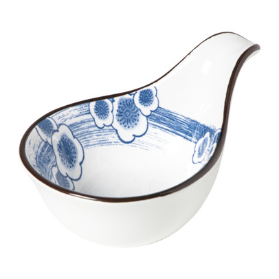 Schaaltje Mico met handvat bloemen - blauw/wit - 3x8x12.5 cm