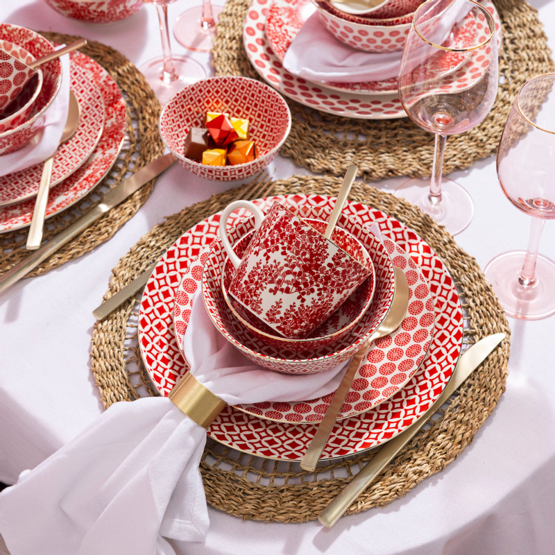 Dinerbord Mirna blaadjes - rood/wit - ø26.8x2.2 cm