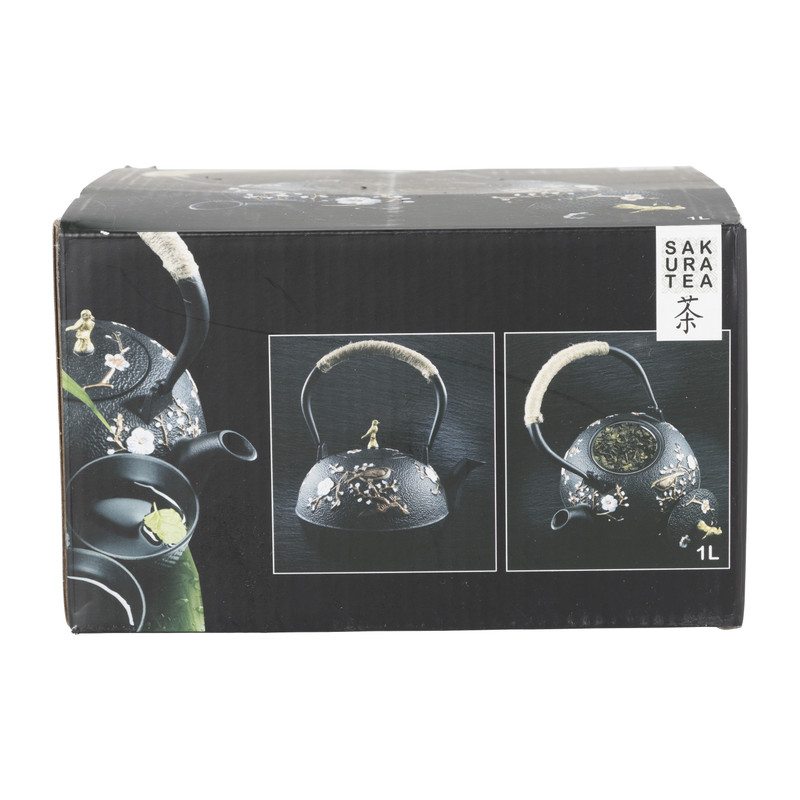 Theepot gietijzer met bloemen - zwart - 1 liter
