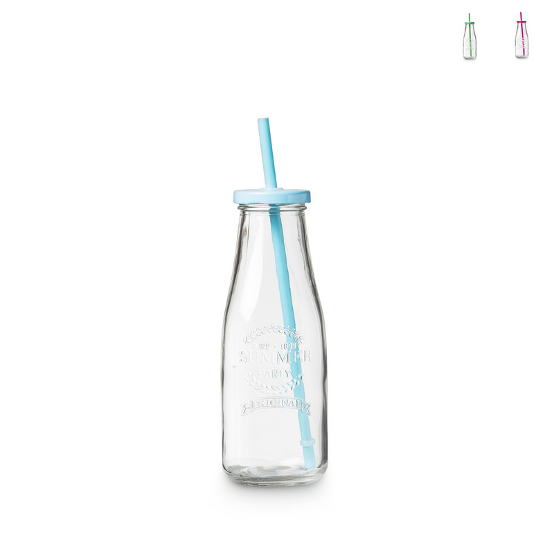 Drinkflesje met rietje - diverse kleuren - 470 ml 