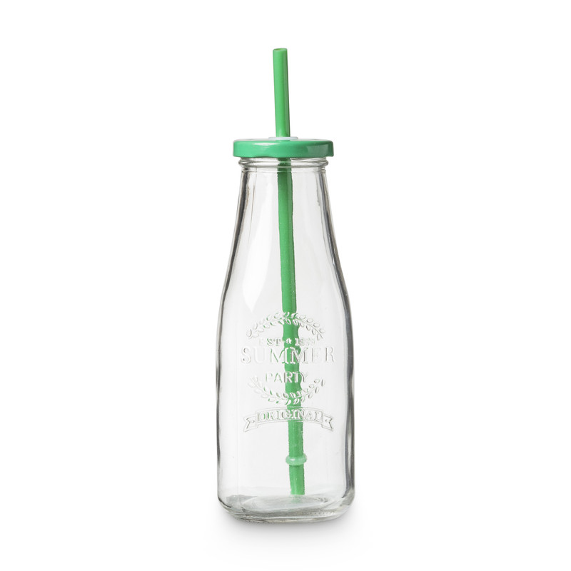 Drinkflesje met rietje - diverse kleuren - 470 ml 
