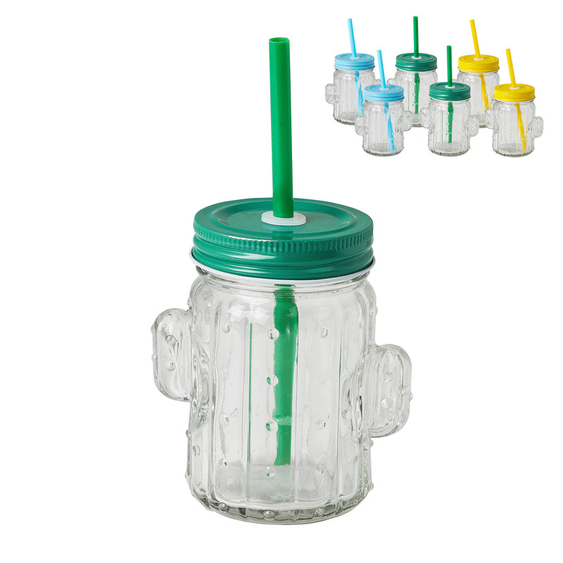 Drinkbeker cactus met rietjes - diverse kleuren - 500 ml