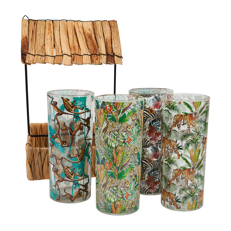 Huisje riet met 4 tropical glazen
