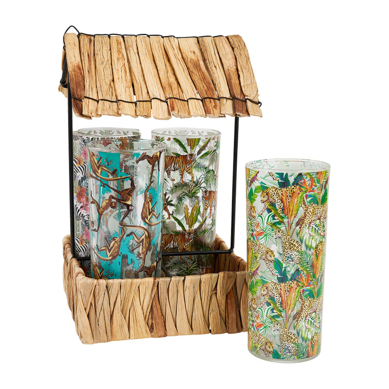 Huisje riet met 4 tropical glazen