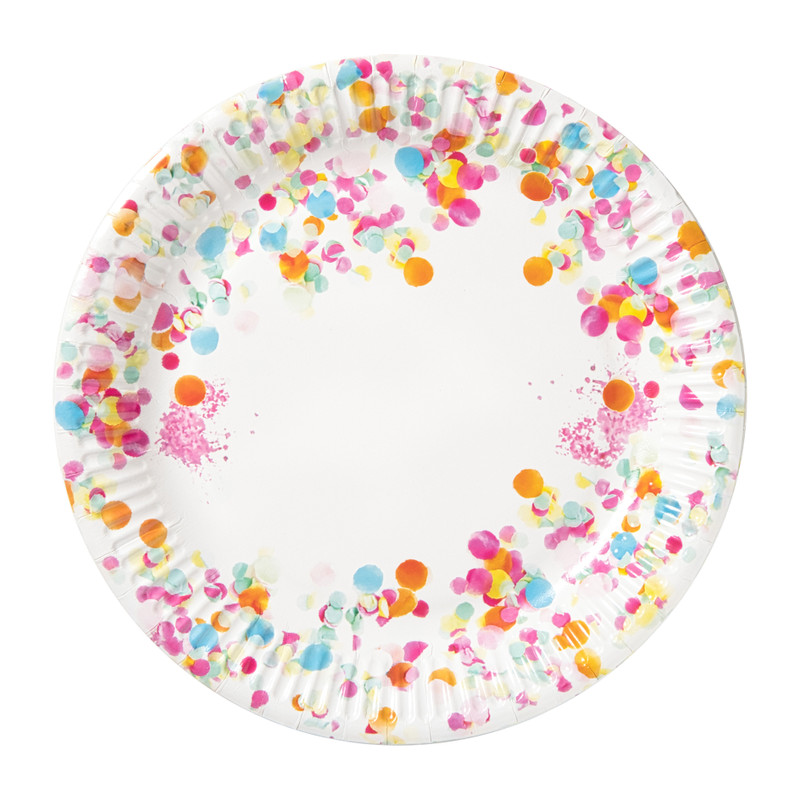 Papieren bordjes confetti ø23 cm - multikleur - set van 8