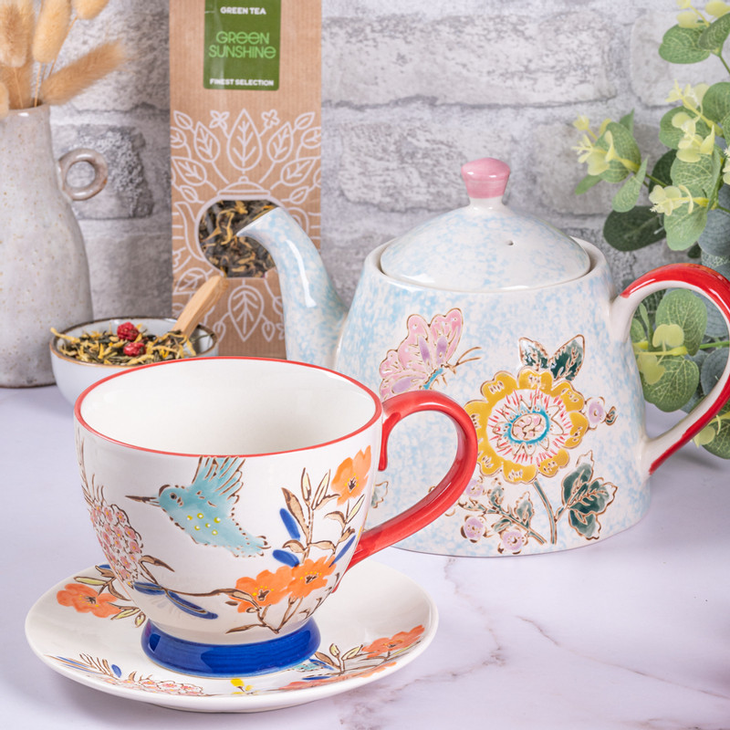 Gebaksbordje bloemen en vogel - multikleur - ø15 cm