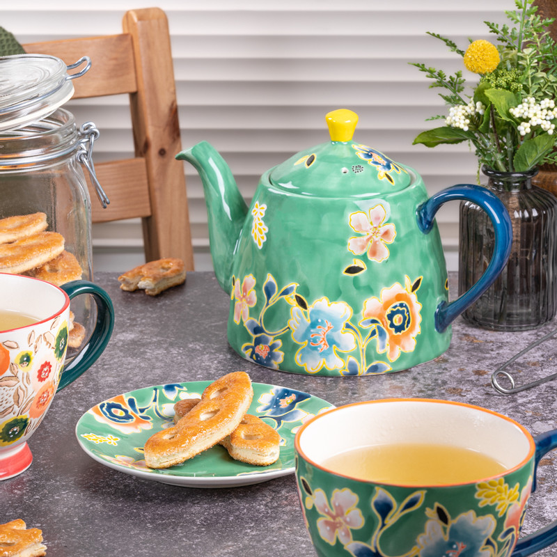 Theepot bloemen - groen/blauw - 750 ml 