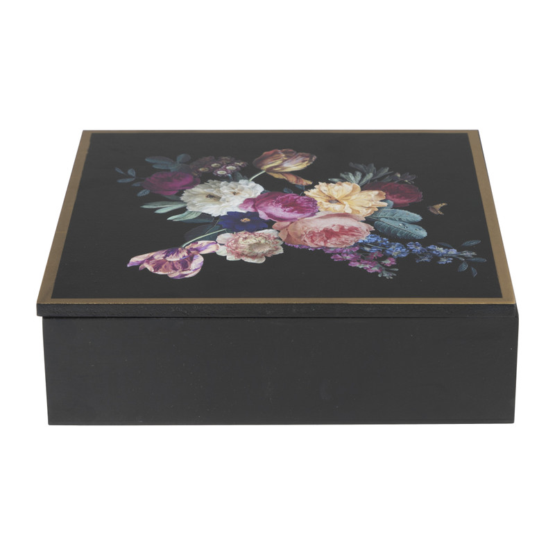 Theebox flowers - zwart - 24x24x7 cm