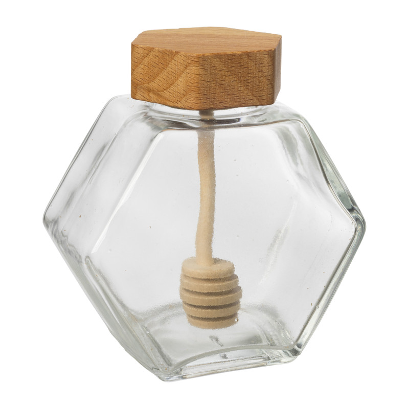 Honingpot met honinglepel - glas/bamboe - 9.6x9.9x5 cm
