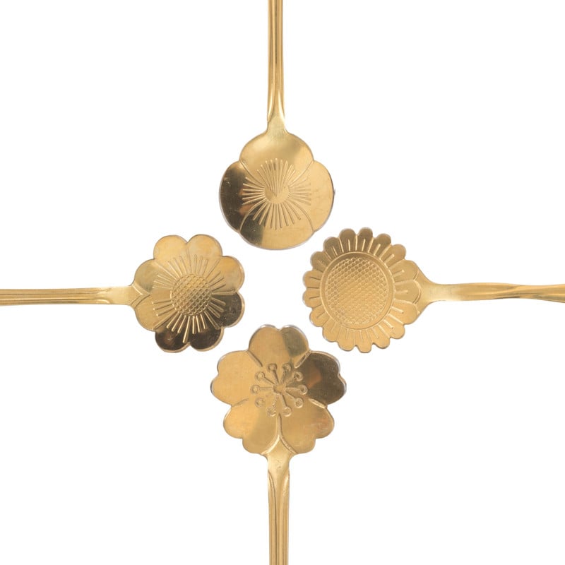 Theelepels bloem - goud - set van 4