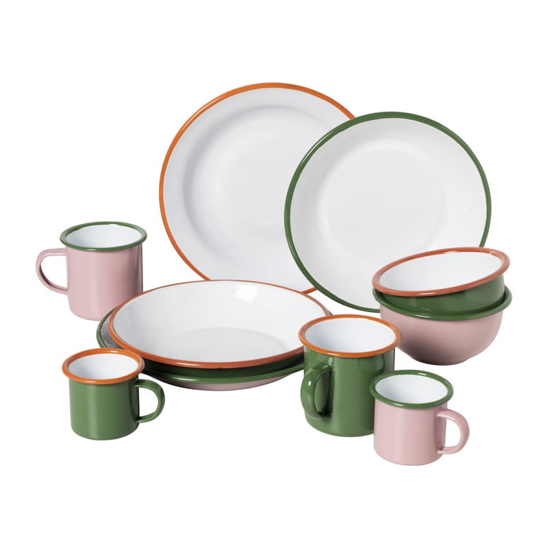 Dinerbord emaille - roze/groen - ø24x3 cm