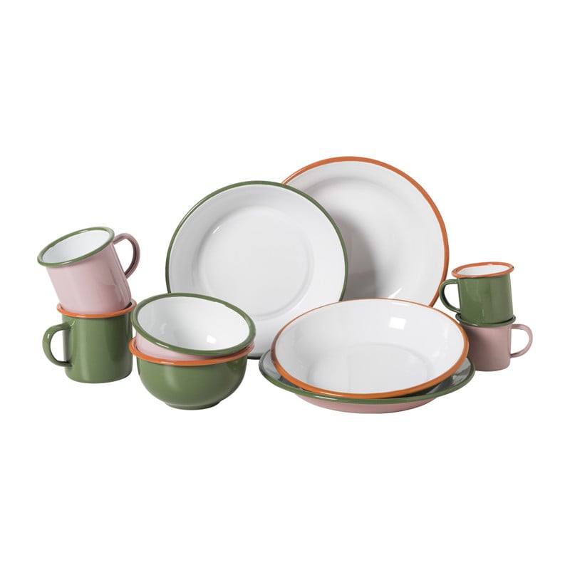 Dinerbord emaille - roze/groen - ø24x3 cm