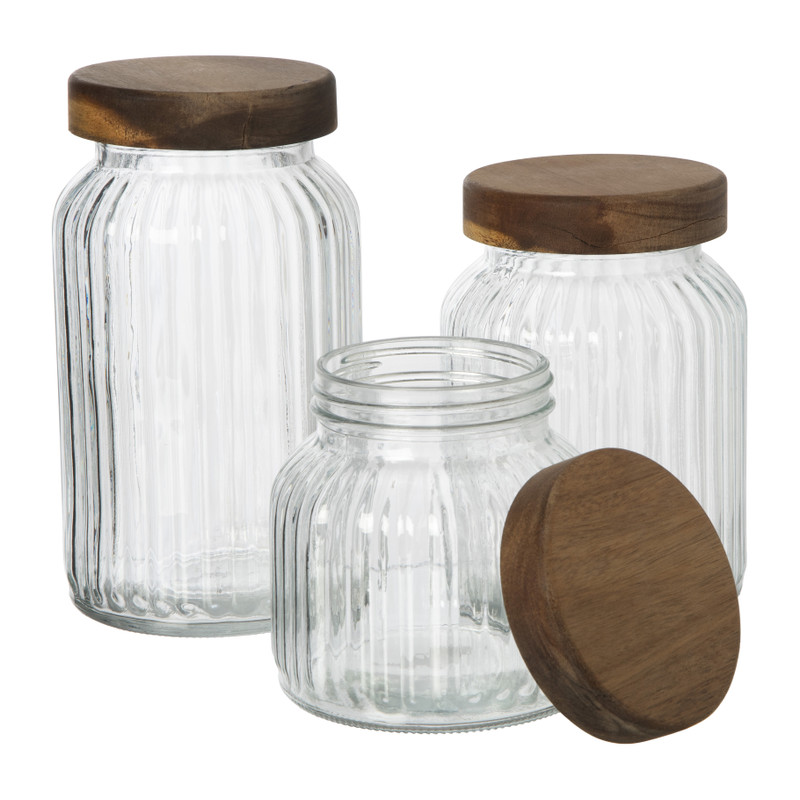 Voorraadpot ribbel met acacia deksel - ø11x16 cm