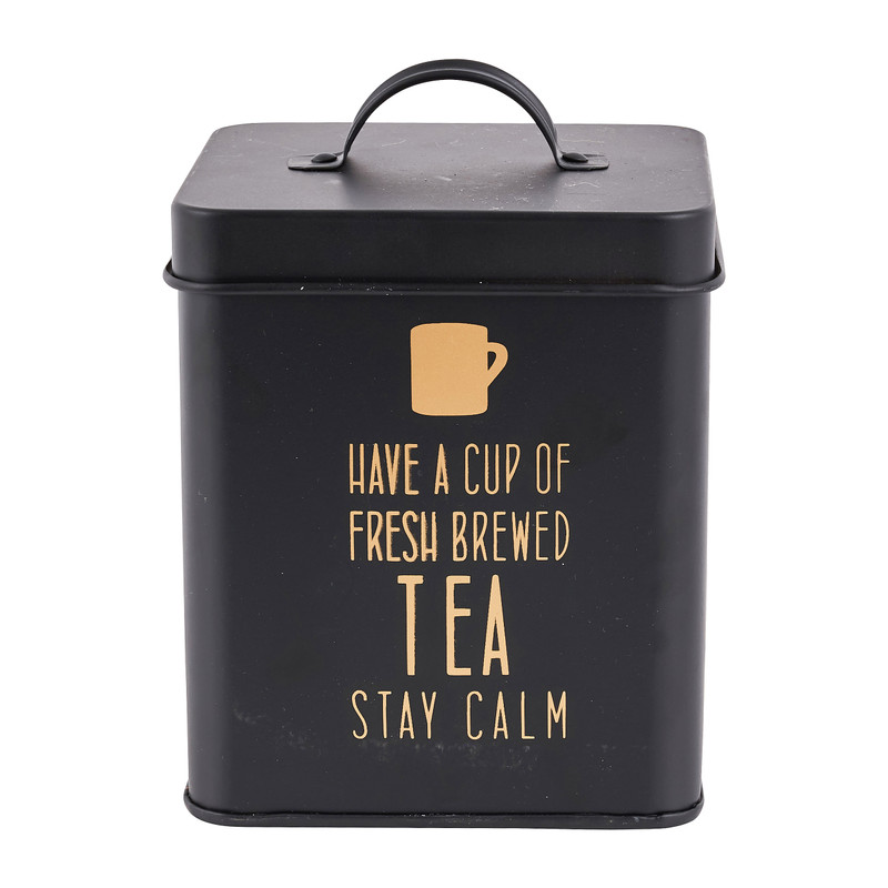Voorraadblik tea - zwart/goud - 11x11x14 cm 