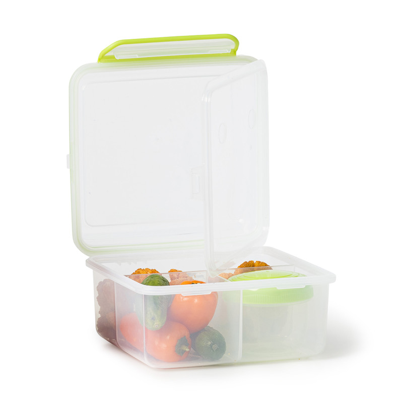 Snackbox 4-vaks met cupje - groen - 18x18x10 cm