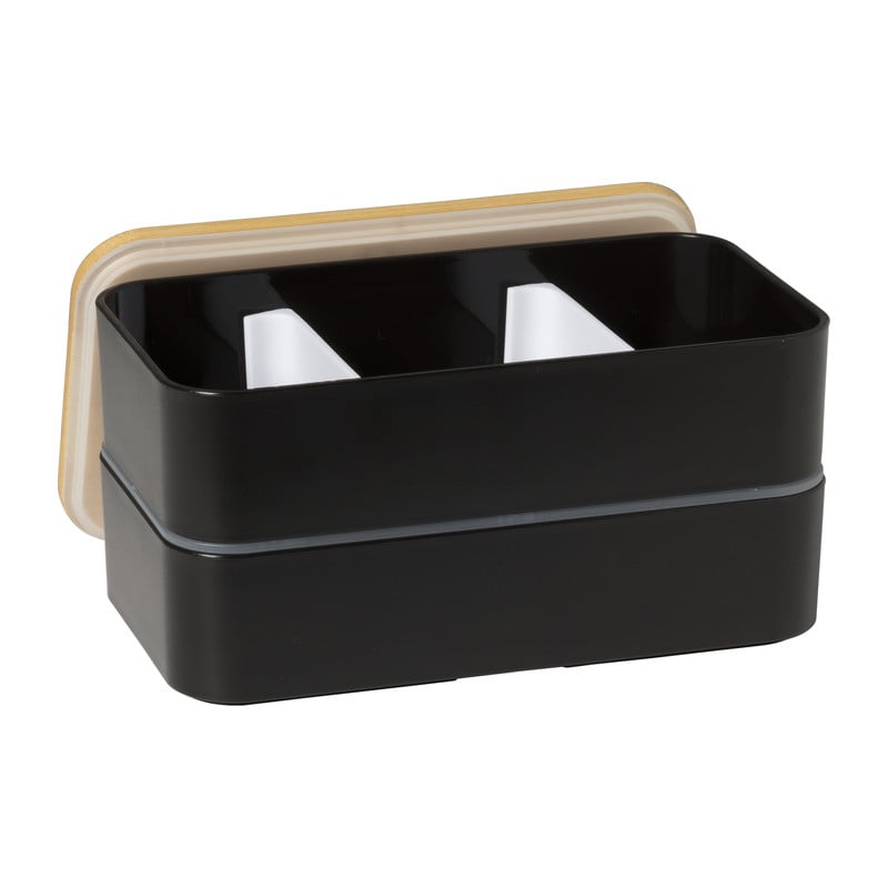 Lunchbox dubbel - zwart - 9.5x18.5x10.5 cm