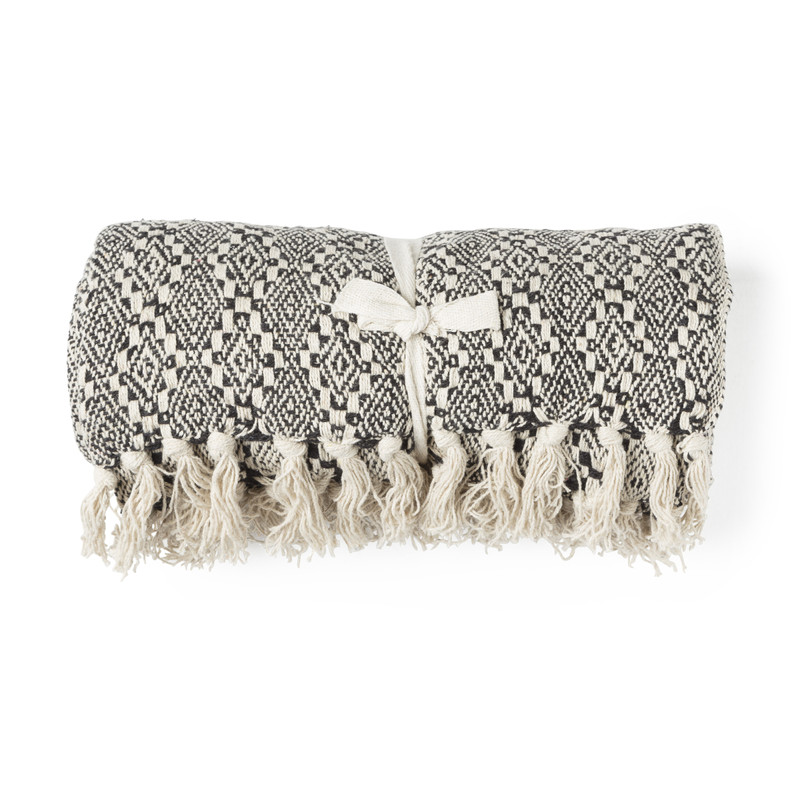 Plaid met franjes - wit/zwart - 130x160 cm 