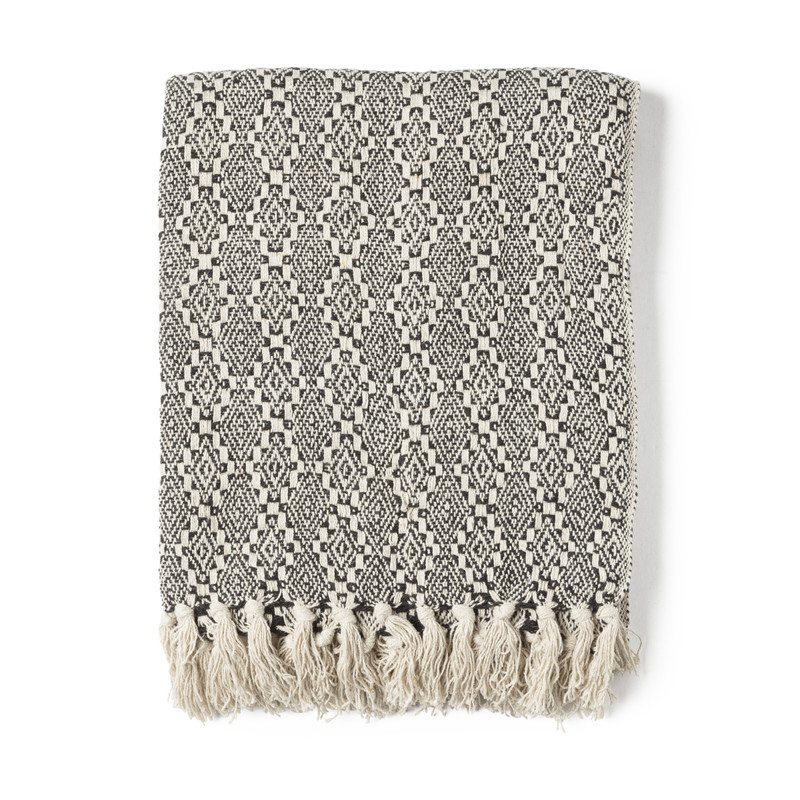 Plaid met franjes - wit/zwart - 130x160 cm 