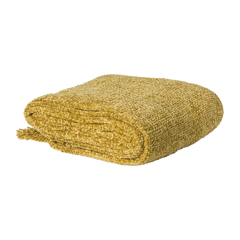 Plaid chenille met kwastjes Mieke - geel - 170x130 cm
