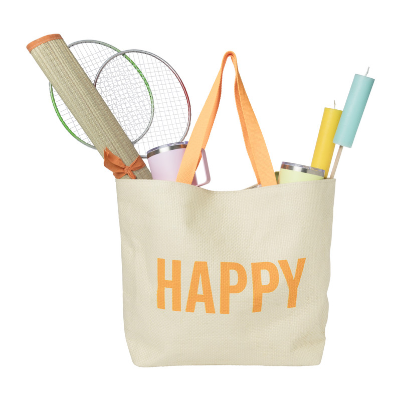 Strandtas Happy - beige/oranje - 53x15x38 cm