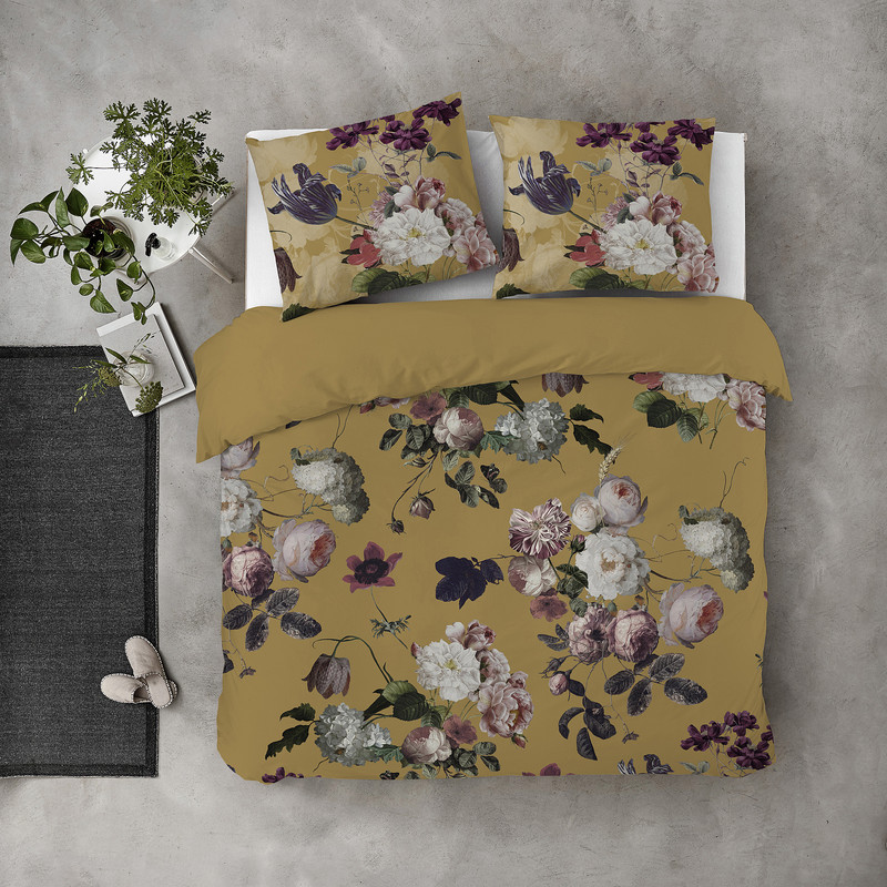 Dekbedovertrek 2-persoons - bloemen okergeel - 240x220 cm 