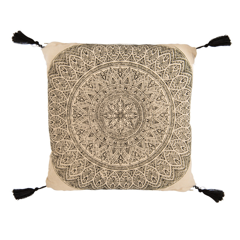 Sierkussen mandala met kwastjes - zwart/wit - 45x45 cm