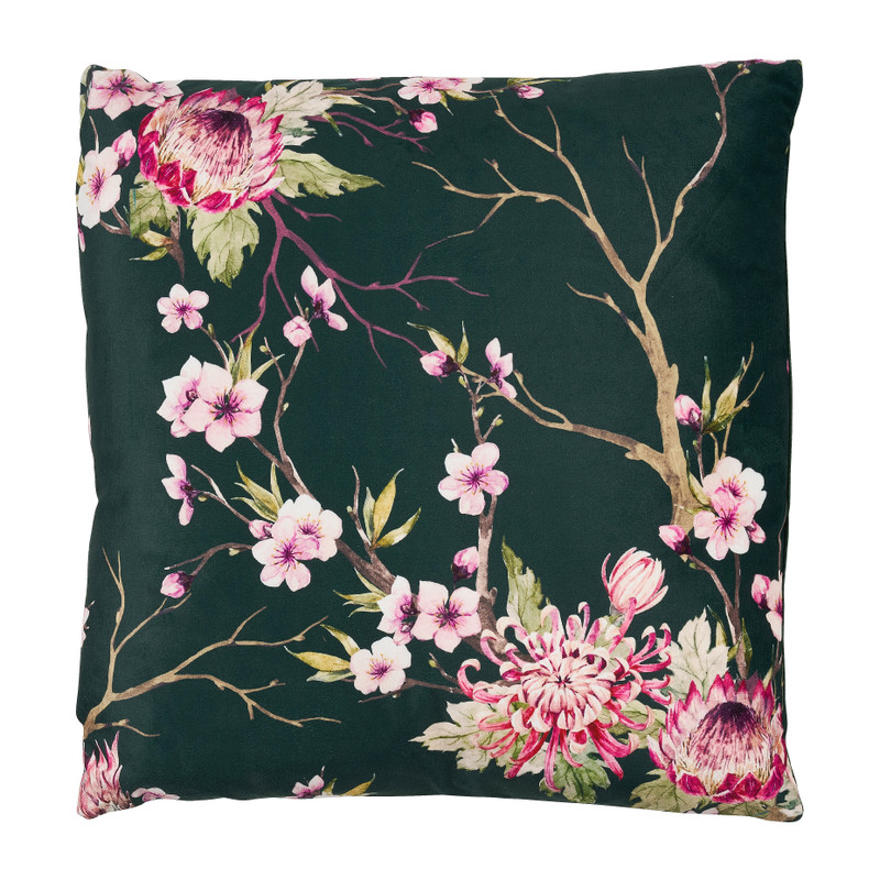 Sierkussen fluweel bloemen - donkergroen - 45x45 cm