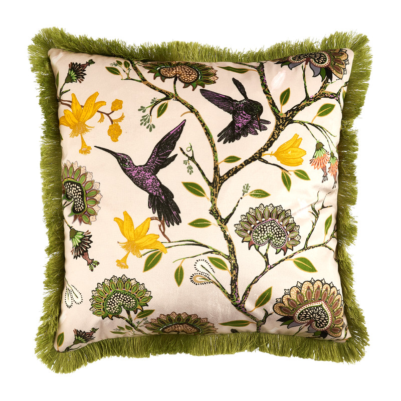 Sierkussen colibri - wit/groen - 45x45 cm 