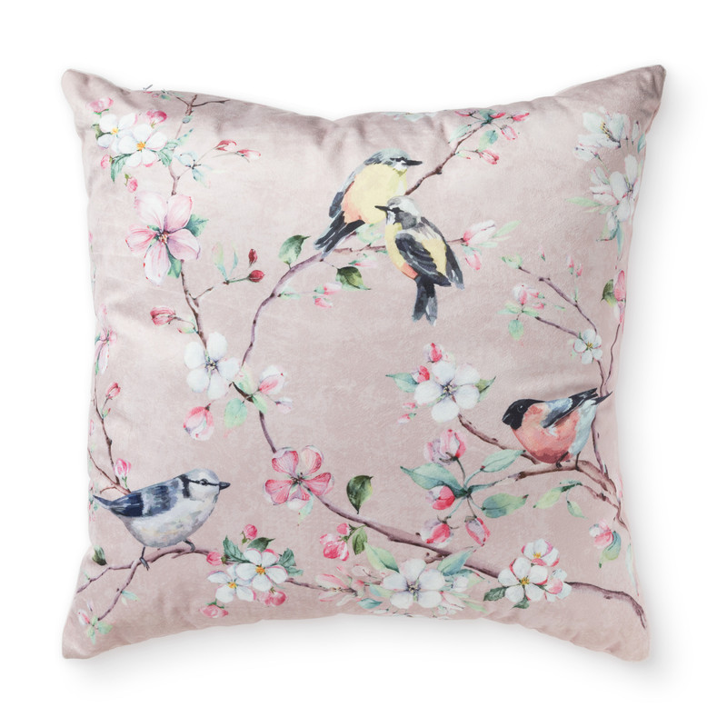 Velvet sierkussen vogel - roze - 45x45 cm