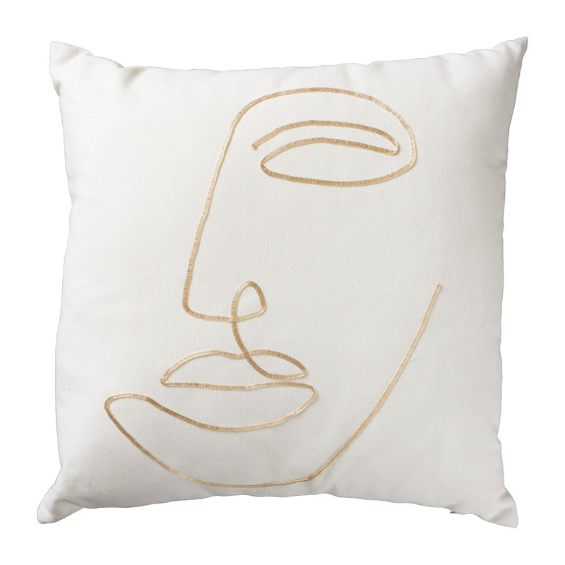 Sierkussen met geborduurd gezicht - wit/goud - 45x45 cm