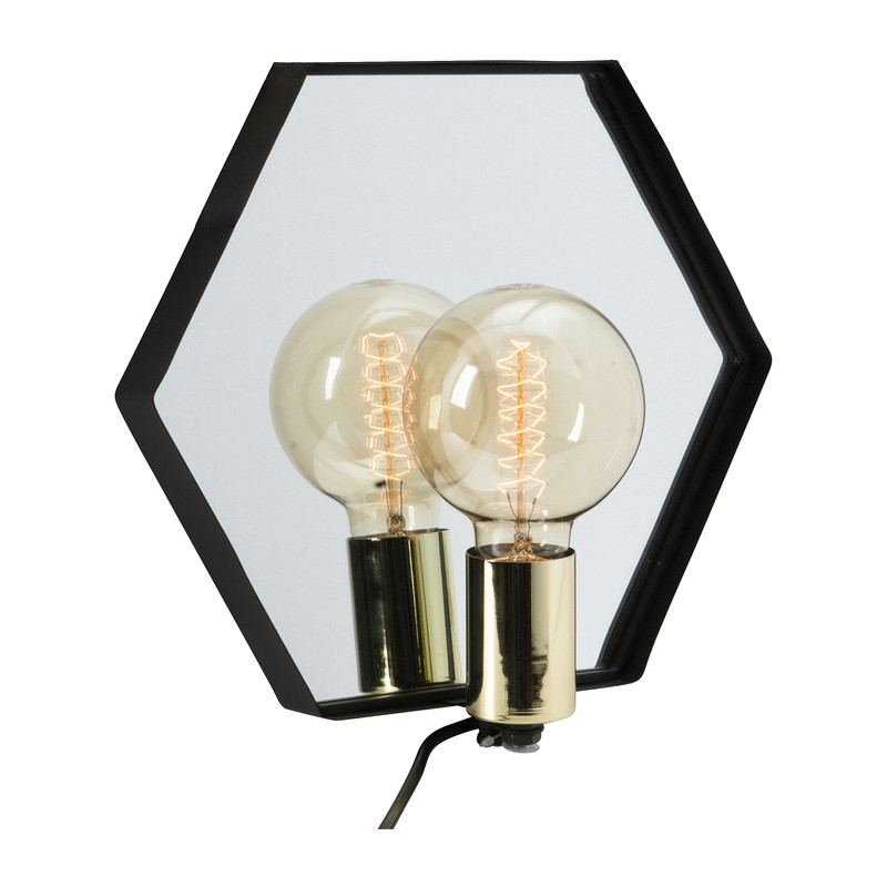 Wandlamp zeshoek - spiegel - zwart en goud