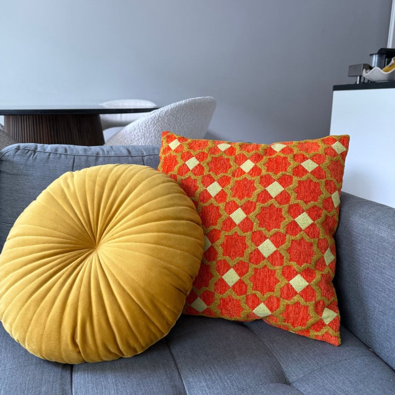 Kussen jacquard bloemen - oranje - 45x45 cm