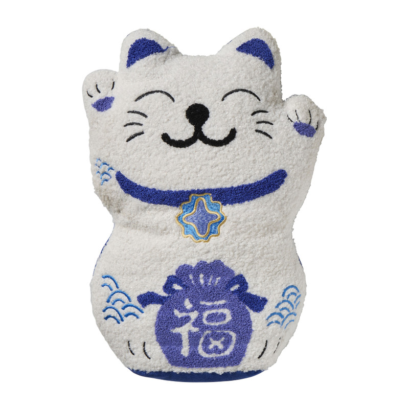 Kussen lucky cat - blauw/wit- 40x30 cm