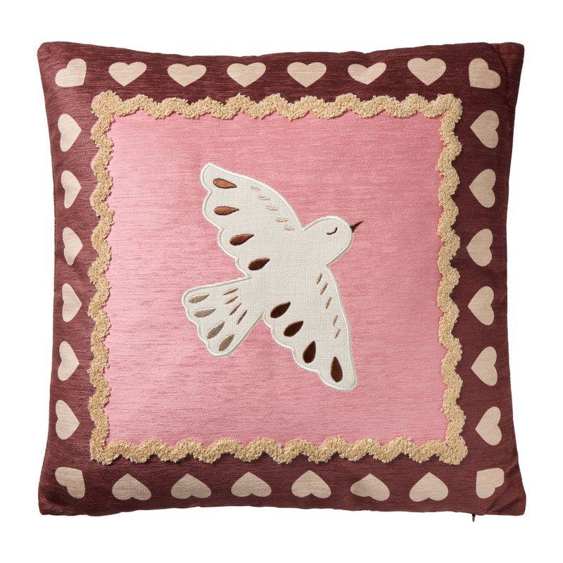 Kussen vredesduif met hartjes - roze - 45x45 cm