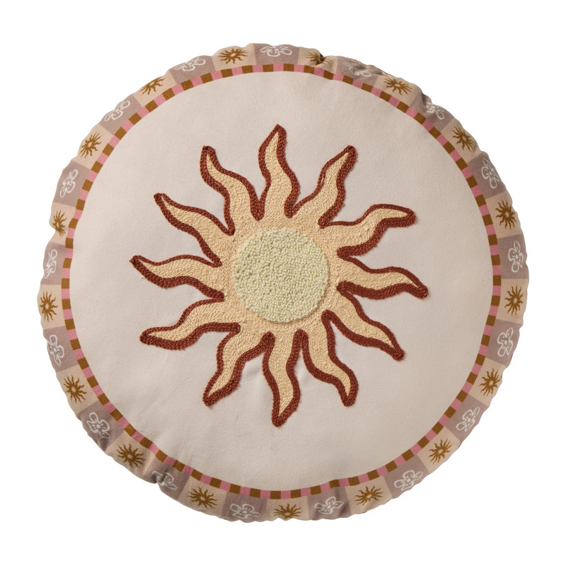 Kussen zonnetje met print - bruin/beige - ø38 cm