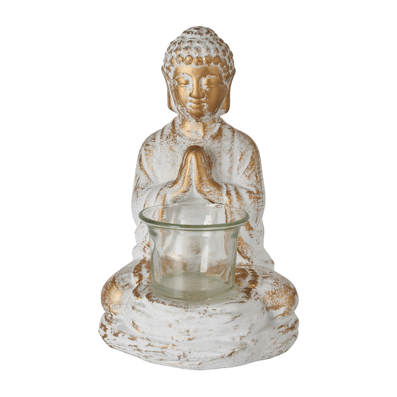 Boeddha theelichthouder - cement/goud - 12x12x19 cm