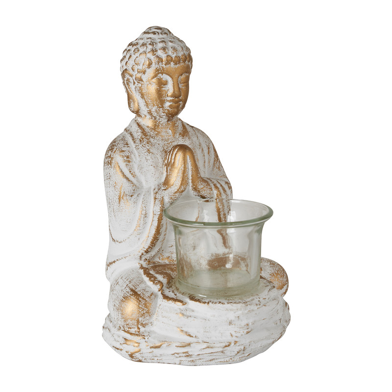 Boeddha theelichthouder - cement/goud - 12x12x19 cm