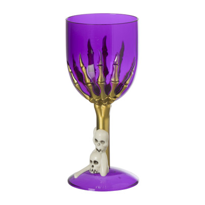 Wijnglas skelethand plastic - paars - ø8x17 cm