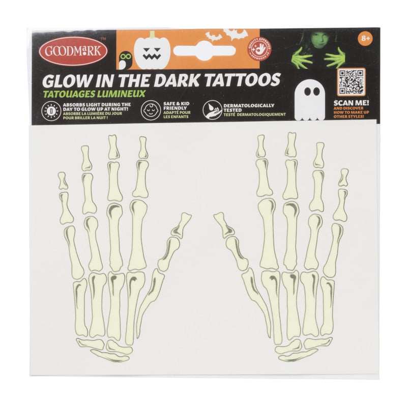 Glow in the dark tattoo handen skelet - 18 cm