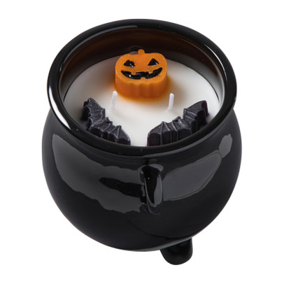 Halloween geurkaars heksenketel - wit/zwart - ø13x12 cm