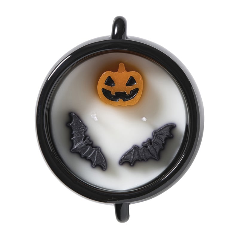 Halloween geurkaars heksenketel - wit/zwart - ø13x12 cm